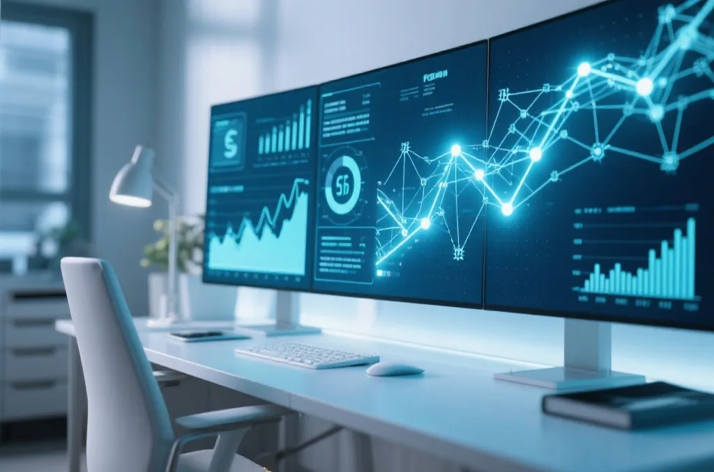 Clean modern workspace displaying abstract glowing financial charts and network streams on a digital interface