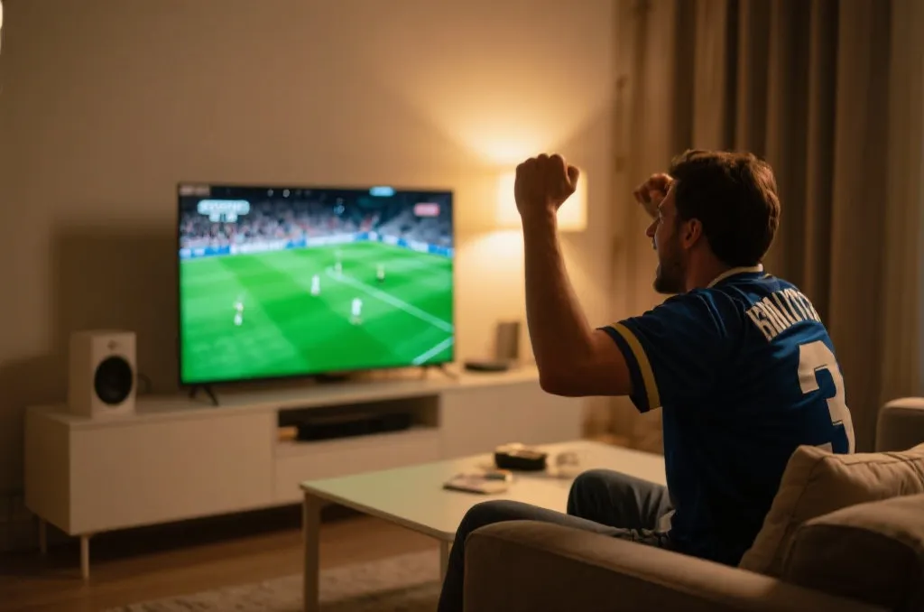 Excited football fan watching a live match on a sleek TV screen in a modern living room